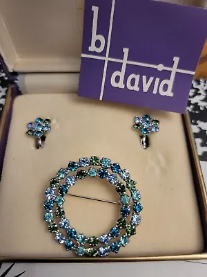 Vintage B David Blue Rhinestone Brooch Earrings Set In Box With Paperwork • $45