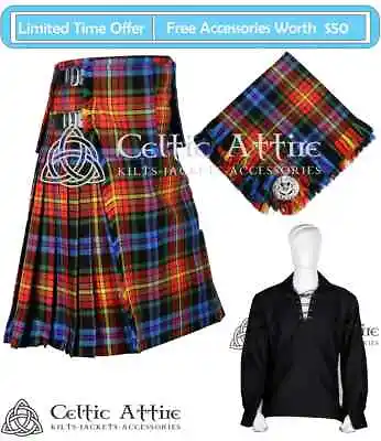 $90 • Buy Scottish 8 Yard 3 Detachable Pockets TARTAN KILT Ghillie Shirt Fly Plaid, Brooch