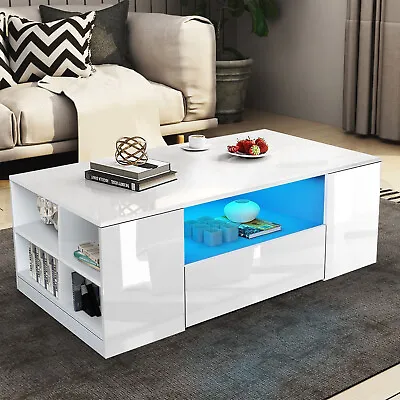 Wooden LED Coffee Table With Storage 2 Drawers Living Room Furniture High Gloss • £79.99