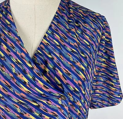 VTG 80s Abstract Jewel Tone Blouse S / M Wrap V-neck Striped Colorful Secretary • $19.54