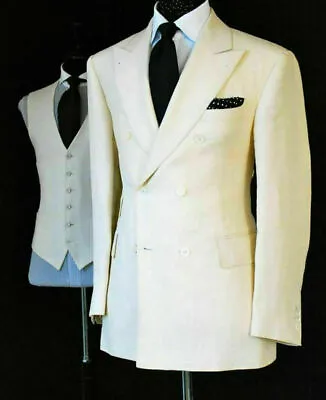 Ivory Men Linen Suit Double Breasted Groom Tuxedo Wedding Formal Business Prom • £94.80