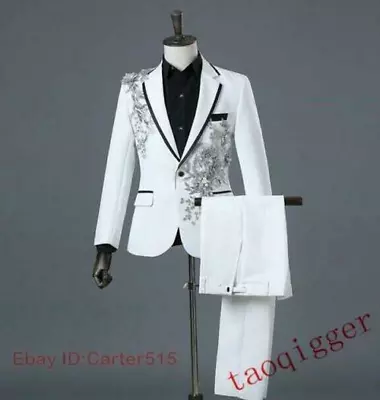 New Coat&pants Men Suits Slim Fit Sequins Embroidery Blazers Dress One Botton • $83.59