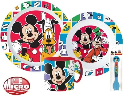 Disney Mickey Mouse Plastic 5 Pc Breakfast Dinner Set Plate Bowl Mug & Cutlery • £11.99