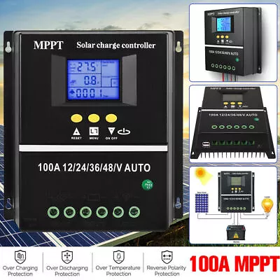 100A MPPT Solar Charge Controller 12V-48V DC 2 USB Solar Panel Charge Regulator • £33.90