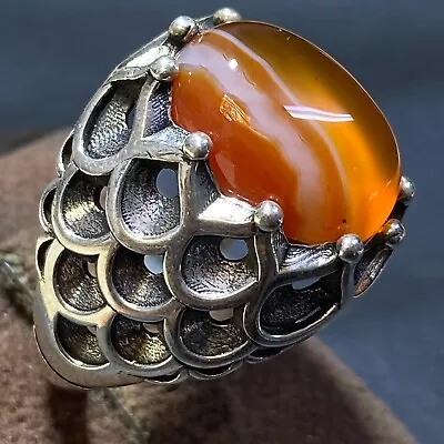 WOW 925 Sterling Silver Men Ring Natural Yemeni Sultani Agate Aqeeq Silver Ring • $60