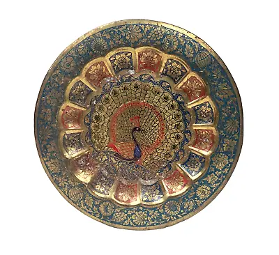Vintage Brass Peacock Decorative Wall Plate Etched Enamel Gold Red Blue 7.5  • $12.97