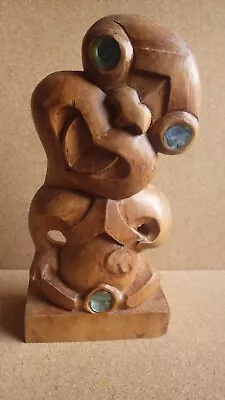 Vintage 1993 Hei Tiki Maori Hand Carved Wood Figure Paua Inlays 9” Stan Orzecki • $85