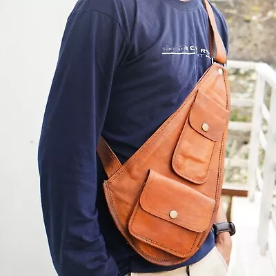 Handmade Leather Bag Single Side With Adjustable Shoulder Strap For Unisex Adult • $52.25