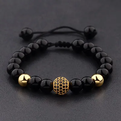 Luxury Men Natural Black Lava Gold Zircon Micro Pave CZ Beaded Macrame Bracelets • $7.99