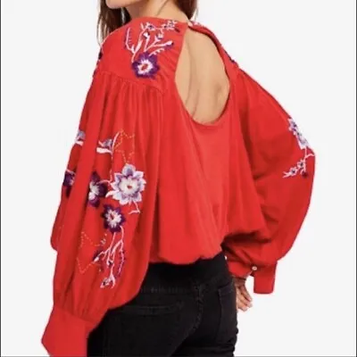 $25.90 • Buy Free People Lita Peasant Top S Red Boho Embroidered Cut Out NEW