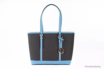 Michael Kors Jet Set Travel Small Pale Blue Brown PVC Shoulder Tote Bag Purse • $119