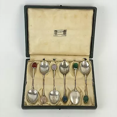 Antique Set Of 6 Solid Silver 9.5cm Spoons Gem Set Liberty & Co 1927 • £395