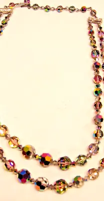 Vintage 2 Strand Necklace Crystal Faceted Glass Bead Aurora Borealis 16  Choker • $23.70