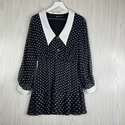 Zara Womens Black Polka Dots Long Sleeves Two-Button Placket Mini Dress Size 30 • $32