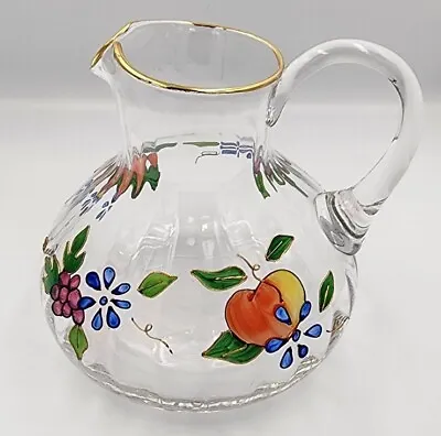 CRYSTAL CLEAR Venetian Fruit Flower Handpainted Pitcher 22K Gold Accent ROMANIA • $28