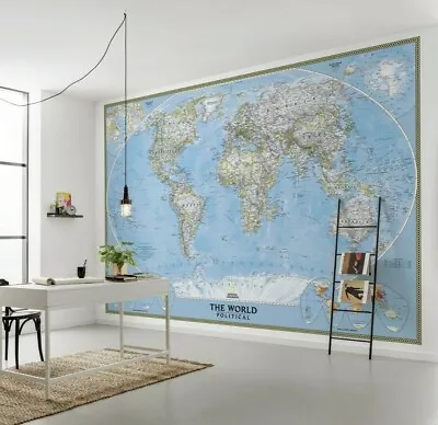 World Map Photo Wallpaper 368x248cm Home Office Wall Mural Highly Detailed Blue • $163.64