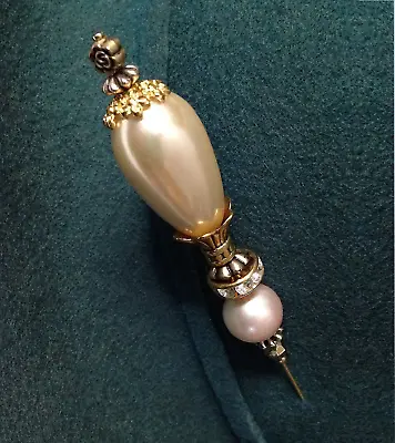 HATPIN With Vintage Baroque FAUX PEARL Tear On Gold Finish Setting - 8” Hat Pin • $18.60