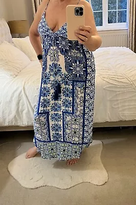 Ladies Women’s Debenhams Blue White Long  Maxi Beach Dress. Size M Cami Straps. • £16.50