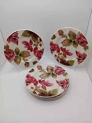 Set Of 4 Cottage Red Rose Floral 8  Salad Plates Quadrifoglio~Made In Italy  • $21.60