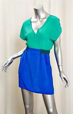 MYNE Aqua Blue Silk 2 Pocket Gathered Waist Short Sleeve Mini Dress XS 0 NEW • $59