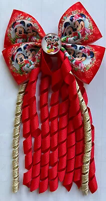 Girls Large Red Minnie  Mouse Xmas  Hmade Korker Ribbon  Hair Bow /Clasp/Clip • £4.25