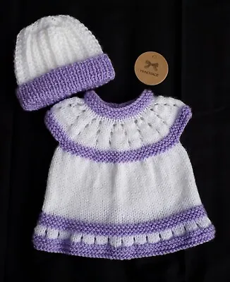 BRAND NEW Hand Knitted Premature Baby Dress In White & Purple With Matching Hat • £9