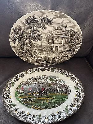 2 X Vintage Myotts Plates ‘The Hunter’ & ‘country Life’  Oval & Scallop Edged • £15