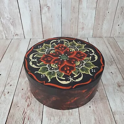 Beautiful Vintage Handpainted Red Flower Round Box Container Lightweight 6  • $11.99