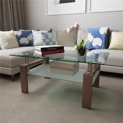 Rectangle Glass Coffee Table Modern Side Center Tables Living Room With Shelf • $111.69