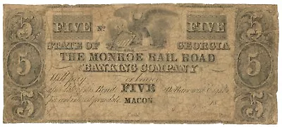 18XX Monroe Railroad & Banking Company Macon Georgia $5 Obsolete Note (59565) • $215
