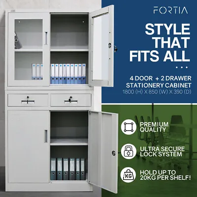 FORTIA 4-Door Lockable Cabinet Storage Steel Shelves Drawers Stationery Office • $323