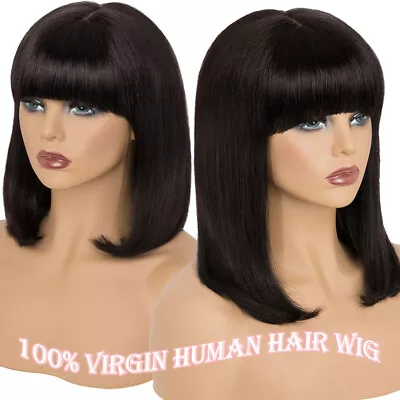 Light Yaki Straight Short Bob Wigs With Bangs Virgin Human Hair Wig Glueless • $55.11