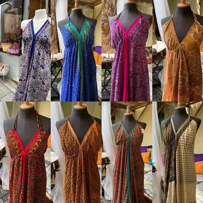 Pack Of 10 PCs Vintage Silk Sari Dress Helter Dress Multicolor Bohemian Gypsy  • $83.43