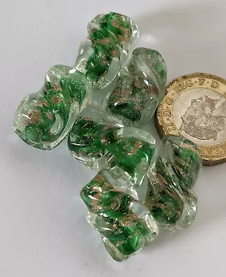 6 Green & Gold Twist Glass Lampwork Beads 19mm X 12mm • £4