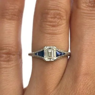 Edwardian Vintage 3.90Ct Emerald Cut Diamonds Wedding Ring 14K White Gold Plated • $74