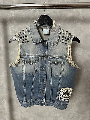 Drop Dead Blue Cotton Distressed Spikes Tiger Print Denim Women’s Vest Size M • $80