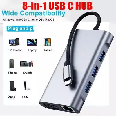 8 In 1 Docking Station Type-C Dual HDMI Laptop Hub Adapter USB-C Triple Display • $36.46