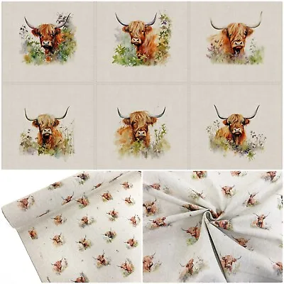 Highland Cow Cushion Panel Set 6 X Linen Look Fabric And Allover Matching Print • £5.89