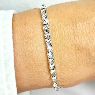 £3.95 • Buy Silver CZ Diamante Crystal Adorned Tennis Bracelet Elastic Bangle Bridal Gift UK
