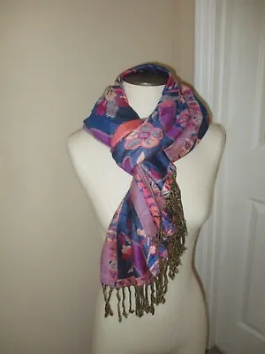 Blue Pink Magenta Purple Tapestry Floral Fringe Viscose Scarf Shawl Wrap 73  • $10.99