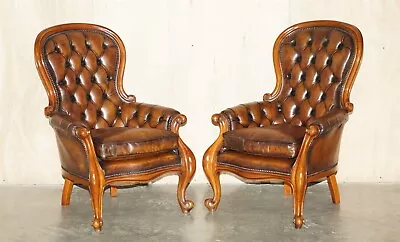 Pair Of Antique Show Framed Victorian Chesterfield Brown Leather Armchairs • £6000