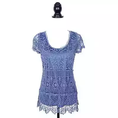 NEW NWT V Cristina Periwinkle Blue Crochet Lace Top Blouse Size Medium • $25