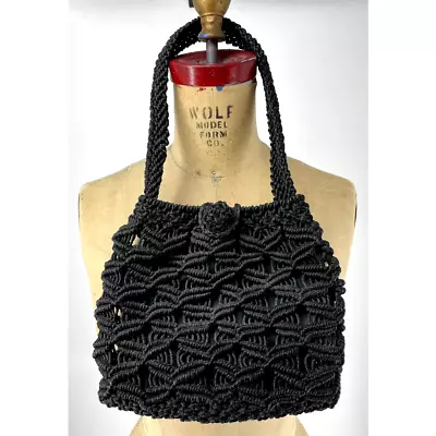 Vintage Black Macrame Boho Single Handle Handbag Purse Toggle Closure • $25