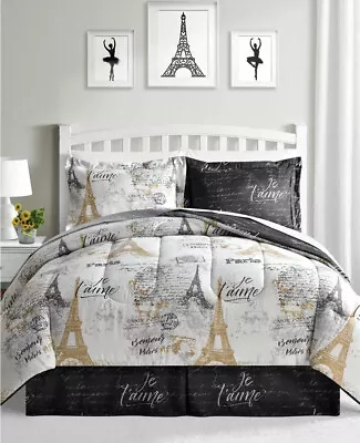 Fairfield Square 8 Piece Comforter Set Travel Paris Eiffel King Tower Gold • $58.98