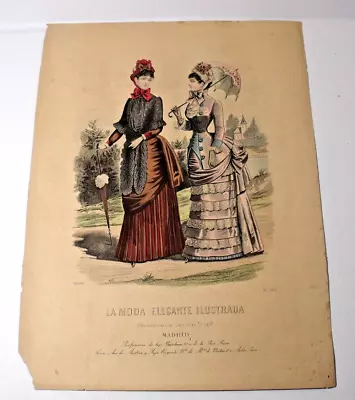 Antique French Hand Colored LA MODE ELEGANTE ILLUSTRADA Fashion Print (435) • $18
