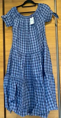 £58 • Buy BRORA Blue And Navy Chambray Gingham Tiered Dress Size XS- S  BNWT Rrp £195