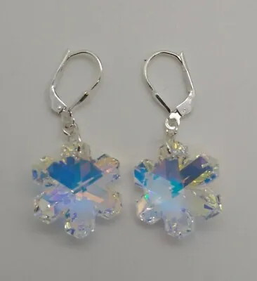 $28 • Buy Handmade Sterling Silver Swarovski Crystal AB Snowflake Earrings; Leverback