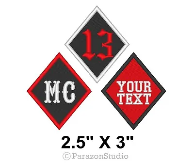 Custom Embroidered Motorcycle Biker Diamond Tag % 13 MC Patch 2.5  X 3  (B) • $6.50