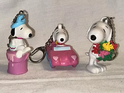 3 VTG Peanuts Snoopy PVC Figure Easter Keychain Bunny Woodstock Flowers Car • $11.99