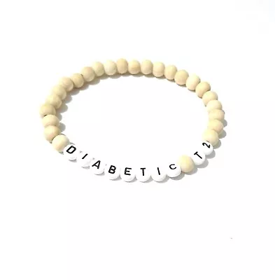 Medical Alert Bracelet Warning SOS Emergency Wood Bead Unisex Stretch • £5.25